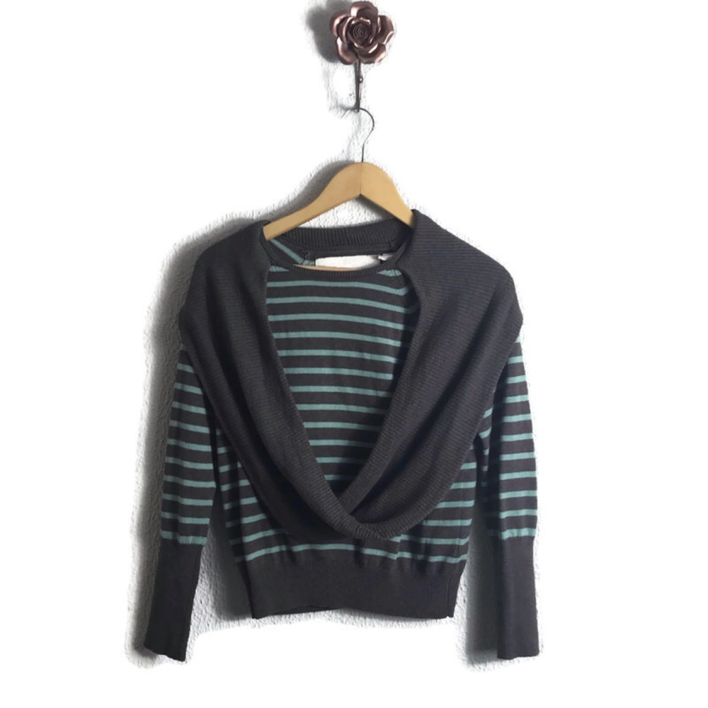 Anthropologie Gray and Teal Striped Cowl Neck Sweater